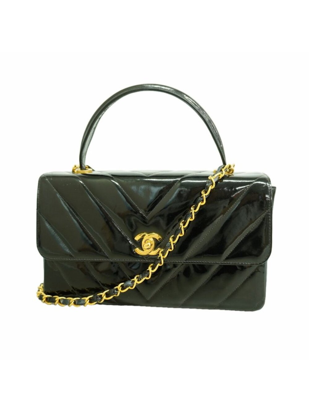 Chanel Handbag Stitch Patent Leather Black Gold 2-Way